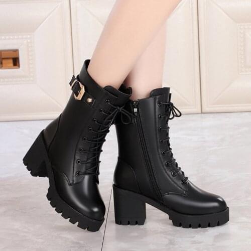 Winter Womens Shoes High-heeled Thick Plush Ladies Lace-up Leather Military Boots Female Platform Metal Buckle Woman Non-slip