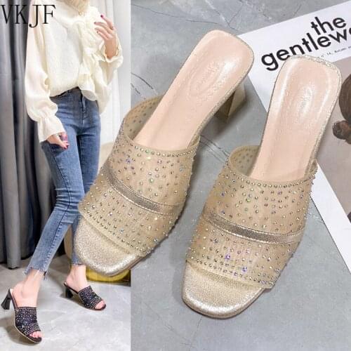 High Heels Ladies Square Heel Ladies Slippers Outdoor Low Open Toe Glitter Slippers Fashion Jelly Luxury Ladies Slippers