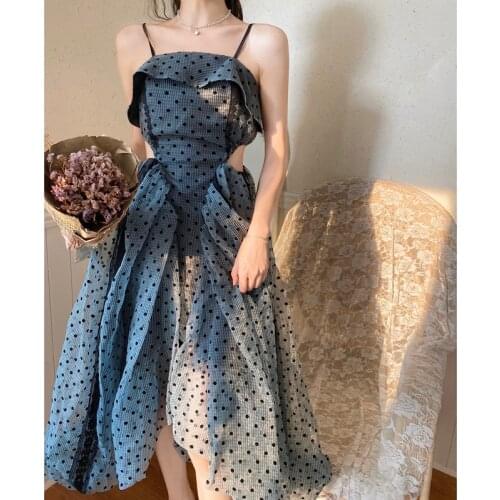 Vintage Fashion Straps Dress Temperament Hollow Out Organza Dresses for Women Vestidos Largos De Verano Para Mujer 2021