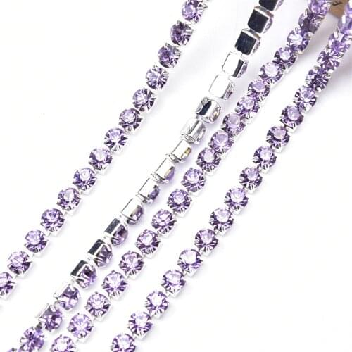 5 Yards SS28 6mm Glass High Quality Rhinestone Cup Chain Silver Base Dense Purple Crystal Diamond Trim Shoes Clothes Bags DIY