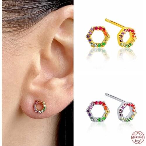 Aide 925 Sterling Silver Colorful Crystal Hexagon Stud Earrings For Women Rainbow Cubic Zirconia Jeweled Ear Stud Party Jewelry