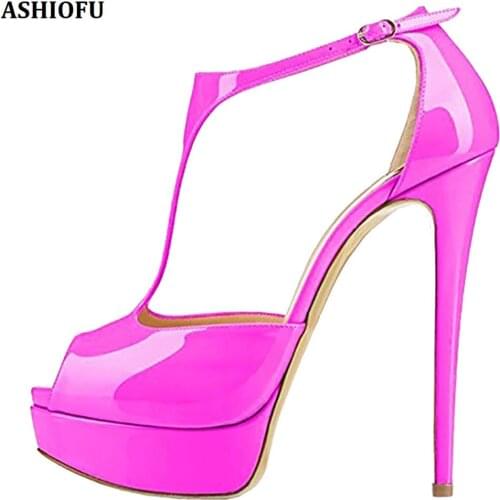 ASHIOFU Handmade Womens High Heel Sandals T-strap Peep-toe Platform Party Prom Shoes Evening Dress Fashion Sandals Shoes 6-color