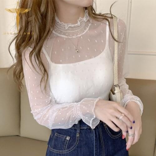 White Transparent Womens T Shirt Lace Dots Long Sleeve Shirt Top Autumn Hollow Out Ladies T Shirt Elegant Office Lady T Shirt