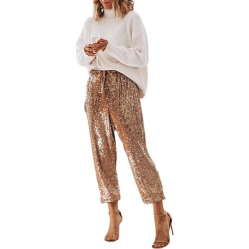 Loose Wide Leg Pants Women Fashion Stylish High Waist Drawstring Shiny Sequins Loose Trousers Party Sports Party Pants