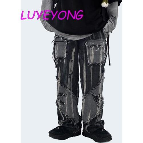 Black Cool Punk Unisex Washed Jeans 2020 Woman Man Vintage Tassel Bleached Broken Ankle-length Gothic Button Zip Long Trousers