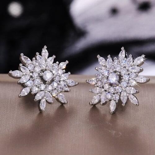 Huitan Luxury Stud Earring for Women Full Paved Crystal Zircon Silver Color Female Wedding Earring Delicate Gift Fashion Jewelry