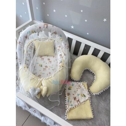 Jaju Baby Handmade, Yellow Waffle Pique Fabric Gazelle Design 6 Piece Babynest Set with Pompom