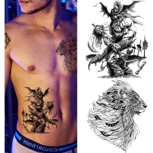 Men Spartan Warrior Cool Tattoo Stickers Body Art Painting Temporary Tattoo Women Black 3D Lion Waterproof Tatoos Boys Xmas Gift