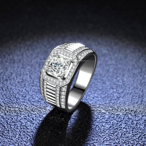 LESF 925 Sterling Silver Plating Platinum Color Full Diamond Moissanite Ring Mens Wedding Jewelry
