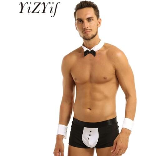 Mens Waiter Tuxedo Lingerie Suit Boxer Shorts Underwear with Bow Tie Collar Bracelets Sexy Nightclub Party Exotic Costume