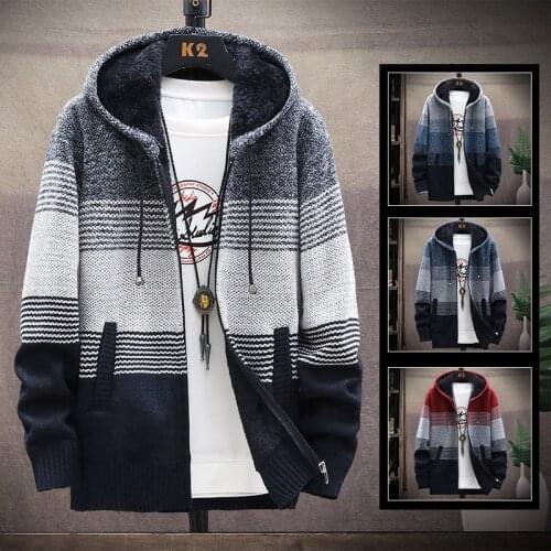 Mens knitwear fashion striped fleece wool sweater autumn/winter thick warm hooded jumper zipper cardigan coat