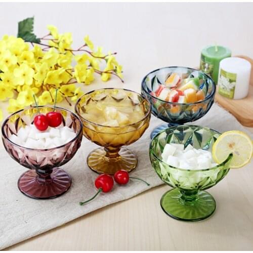 Ice Cream Cups Bowl Set of 4 100-200ml Creative Colour Relief Glass Dessert Bowls Trifle Fruit Salad Juice Cocktail Solid Glass
