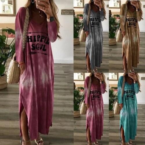 Autumn New Dress Simple European and American Printed Letter Casual round Neck and Long Pattern Long Sleeve Slit Dresses