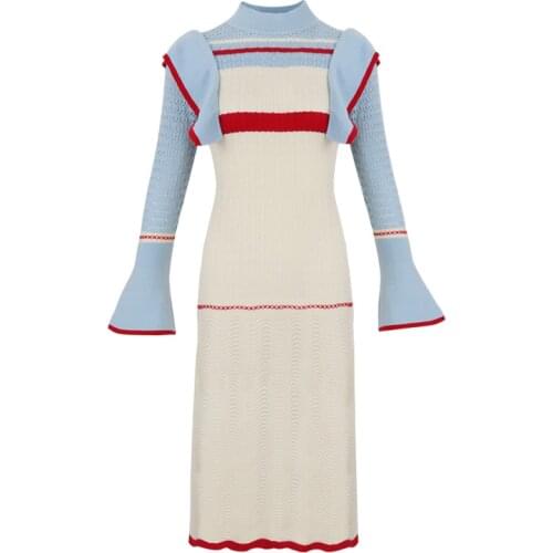 PERHAPS U Knitted Blue White Flare Sleeve Ruffle O Neck Midi Dress Autumn Elegant Long Sleeve D0815