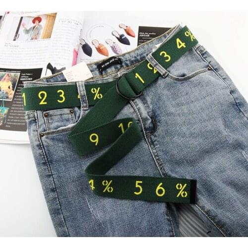 Fashion Print Womens Belt Long Length Nylon Canvas Student Trend Fashionable Wild Jeans Belts Double Loop Buckle Dress Belt