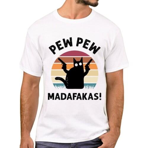 TEEHUB Funny Cat Pew Madafakas Men T-Shirt Hipster Retro Black Cat Pew Printed T Shirts Short Sleeve Tshirts Boy Tee