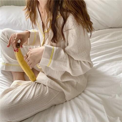 2021 spring Korean gauze pajamas womens spring autumn long sleeve cardigan solid color home clothes two piece suit