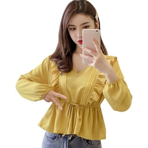 Spring Women Lace-up Waist Blouse Slimming Ruffled Lantern Sleeve Shirt Sweet Chiffon Lady Tops 2021