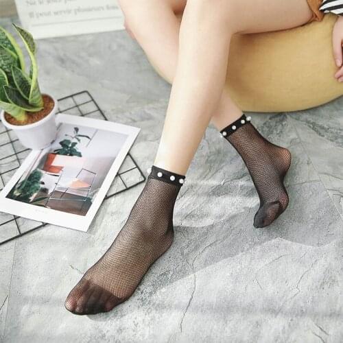 Iur clothes 5 Pairs Fashion Womens Harajuku Black Breathable Sexy Grid Mesh Hollow Nets Socks Imitation Pearls Female Socks