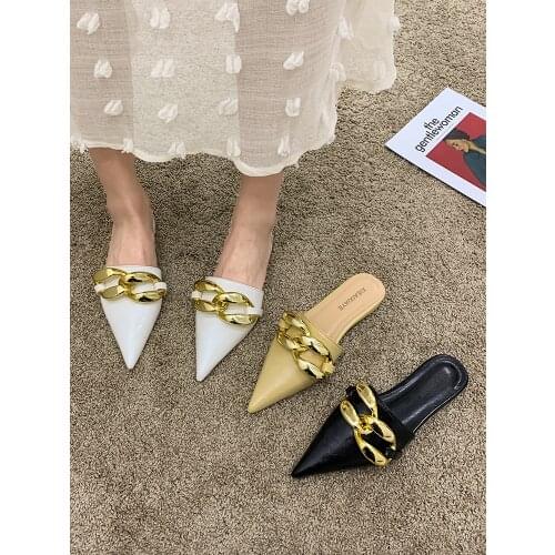 Womens Shoes Slippers Spring 2021 New Fashion Metal Decorative Pointed Toe Low-heel Mules