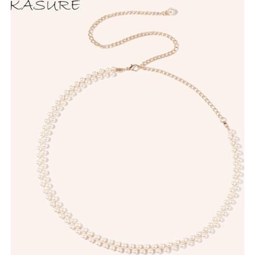 KASURE Elegant Rhinestone Pearl Beads Thin Waist Chain Woman Belt Adustable Gold Wedding Briade Strap Crystal Belts Dress Decor