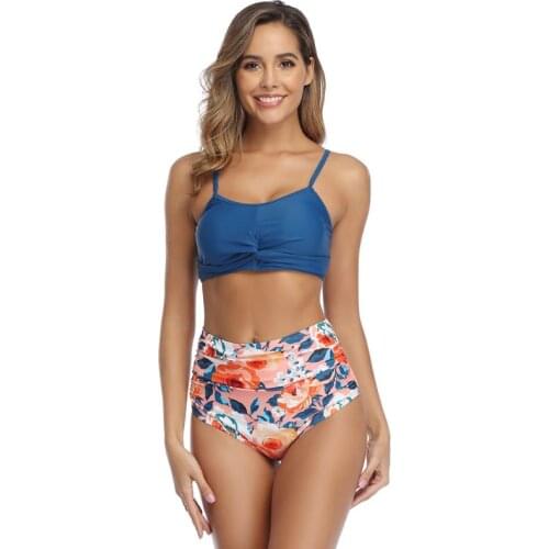 Women Sexy 2 Piece Bikini Set Twist Front Bra High Waist Floral Bottoms Swimsuit A69C