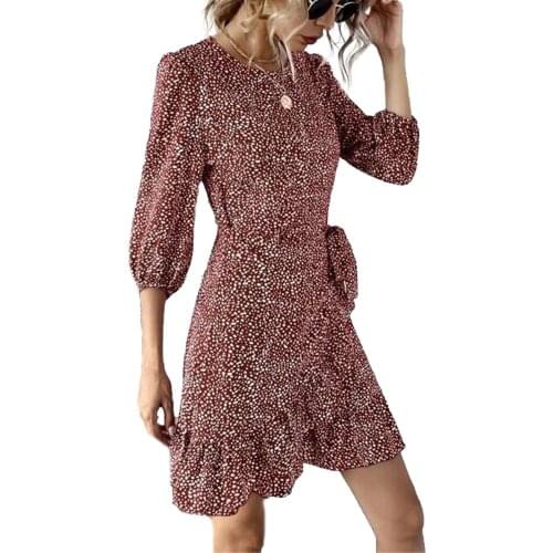 2020 Womens Dot Printed Dress Elegant Lantern Long Sleeve Ruffled Hem Irregular Derss Retro High Wasit Casual Vestidos Party