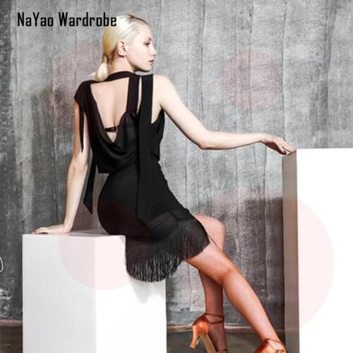 2020 New TL656 Latin Dance Dress Women Tassel Bare Back V Neck Dancing Performance Dress for Ballroom Samba Tango