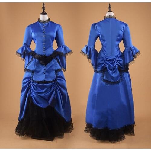 Spring Fashion Women Vintage Victorian Gothic Dress Lace Blue Pleated Prom Gown Halloween Costume Ball Gown Evening Party Dress