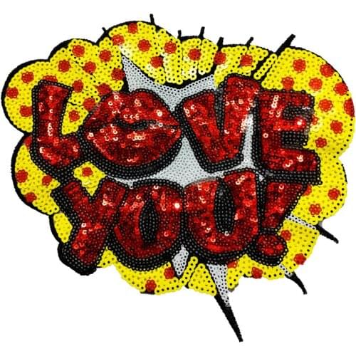 Gold Sequin Heart Pattern LOVE You Patches Embroidery Applique Badges Clothes Decorated Craft Sewing
