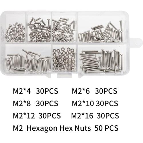 230PCS M2 Stainless Steel 304 Hex Socket Button Head Cap Screws Bolts Hex Nuts Kit With Box