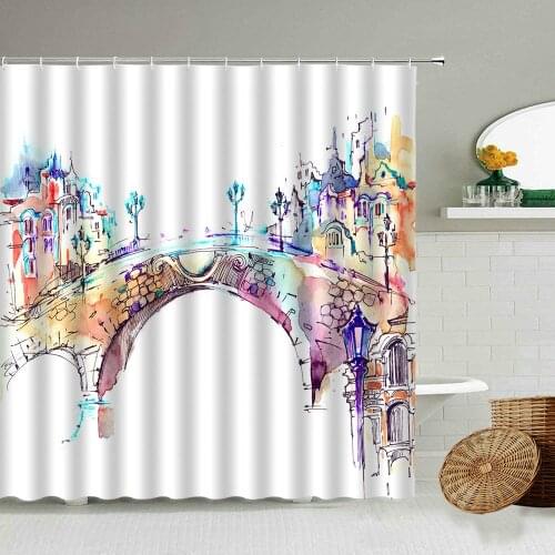 Abstract Color City Bridge Landscape Shower Curtain White Water Colors Art Bathroom Wall Decoration Waterproof Polyester Screen