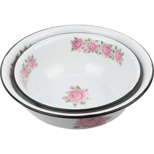 Antique Enamel Bowl Wash Basin With Chinese Traditional Totems High Capacity Home Restaurant Kitchen Food Container Soup Pot