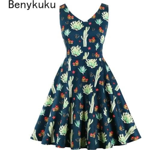 Cactus Print Sleeveless Vintage 50s Pinup A Line Dress Women Retro Robe V Neck Summer Cotton Clothes Female Plus Size Clothing