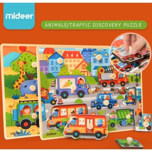 Mideer Children Wooen Bulk Hand Grab Puzzle Baby Traffic Animals Puzzle Kids Cognitive Enlightenment Early Learning Puzzle