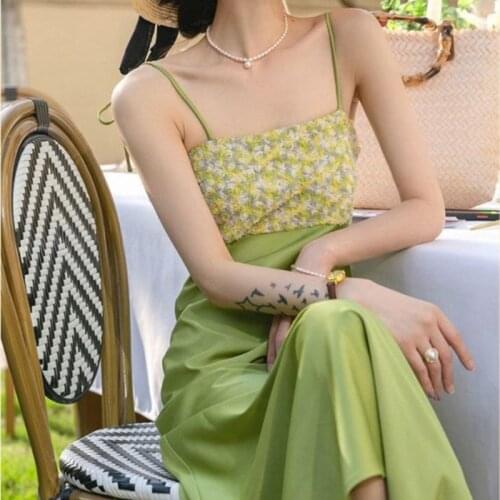 Elegant Sexy Strap Floral Dress Women Patchwork Backless Satin Vintage Party Midi Dresses French Green Summer Light Dresses 2021