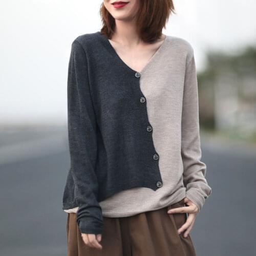 V-neck Sweater Hoodie Lazy Style Jacket Womens Long-sleeved 2021 Autumn Design Asymmetrical Color Matching