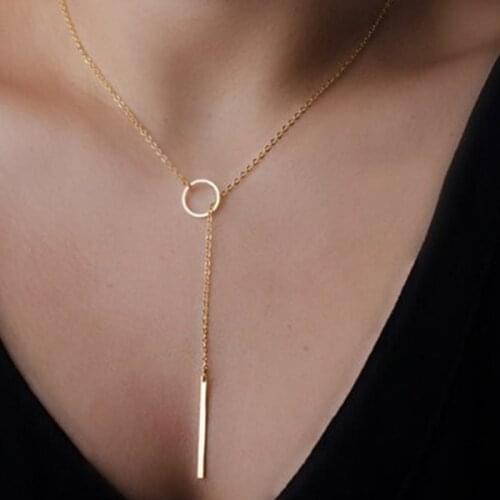 Korean Fashion Simple Metal Ring Short necklace Womens Chic Y Shaped Circle Lariat Style Chain Jewelry Necklace