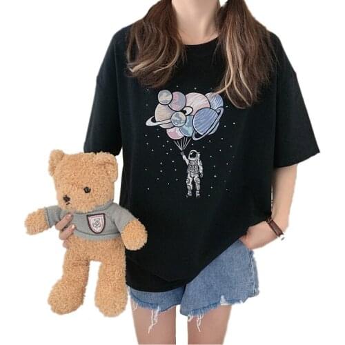 Summer Astronaut Planet Balloon Printing Women Tshirt Leisure Style Tops Street Fashion Oversized Tee Shirts Teen Kawaii T-shirt