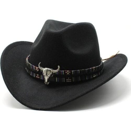Fashion Men Women Western Cowboy Hat With Cow Head Band Wide Brim Hat Pop Jazz Hat Winter Wool Hat