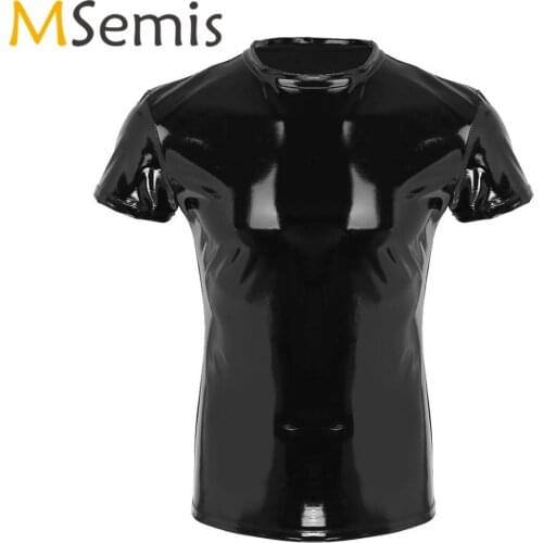 Mens Tight T-shirt Wetlook Leather Short Sleeve Round Neck Tank Top Shirt Clubwear Stage Costume Muscle Tight T-shirt Clubwear