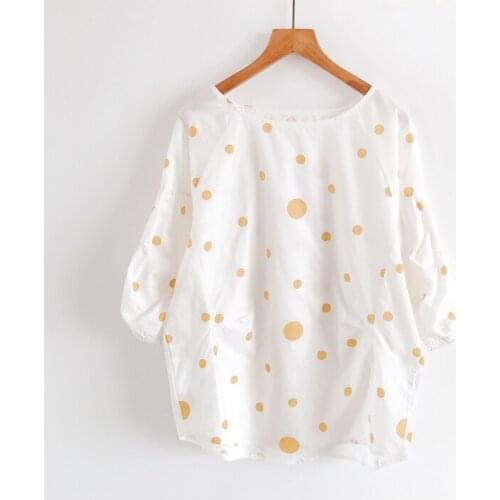 2020 New Summer Women Tops Mori Girl Fresh Polka Dot Print Lantern Sleeve Cotton Shirt Loose Three Quarter Sleeve Blouse