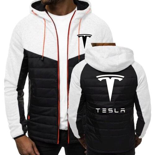 2021 Autumn Men Parka Cotton Padded Tesla Car Logo Male Splice Color Man Zipper Fashion Coat Print Winter Warm Sportwear Jackets