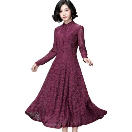 Lace vestidos 2020 spring autumn new mid-length long-sleeved large size Solid color Fashion princess slim dress D89