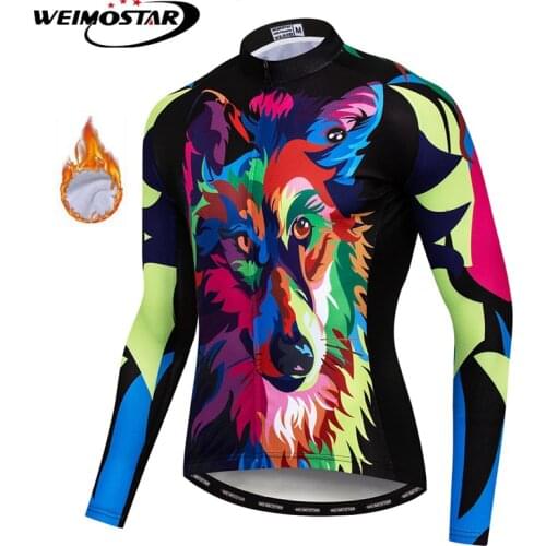 Weimostar Colored Wolf Cycling Jersey Winter Long Sleeve Thermal Fleece mtb Bike Jersey Cycle Wear MTB Warm Bicycle Clothing