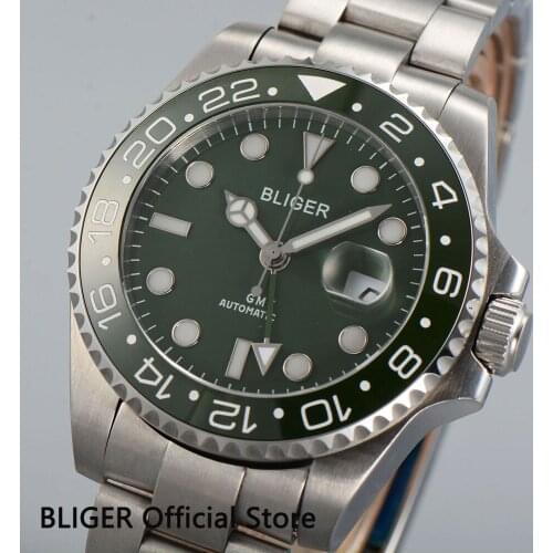 Wild BLIGER 43mm Green Sapphire Glass Auto Date Luminous GMT Pointer Automatic Movement Mens Watch SS Strap