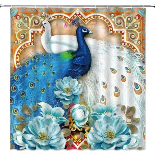 Blue and White Peacock Shower Curtains Floral Beautiful Bird Pattern Print Bathroom Decor Polyester Cloth Hanging Curtain Set