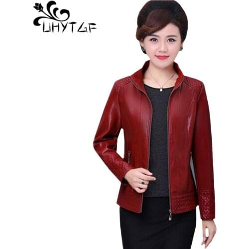 UHYTGF Quality PU leather autumn winter leather jacket women Stand collar casual 5XL plus size top coat short leather jacket 833