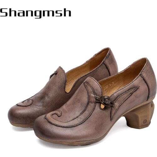 Women Pumps 2020 Woman High Heels Flock Womens Breathable Vintage Square Heels Ladies Hollow Out Lace Up Female Shoes 90839