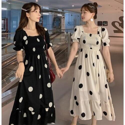 Womens Summer Sundresses Sweet Bow Dot Print Summer Dress Plus Size Women Clothing Puff Sleeve Square Collar Short Sleeve Dress